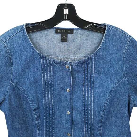 Harolds Denim Top Womens Size 12 Pleated Front Back Detail Round Neck 3/4 Sleeve - Picture 10 of 16